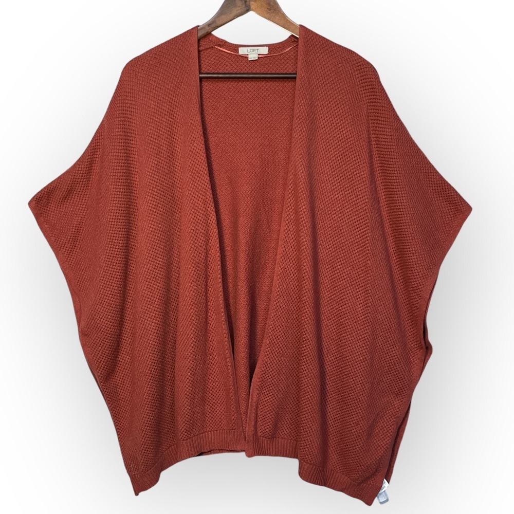 LOFT Cardigan Sweater Womens XS/S Rust Orange Textured Waffle Knit Open Front EC